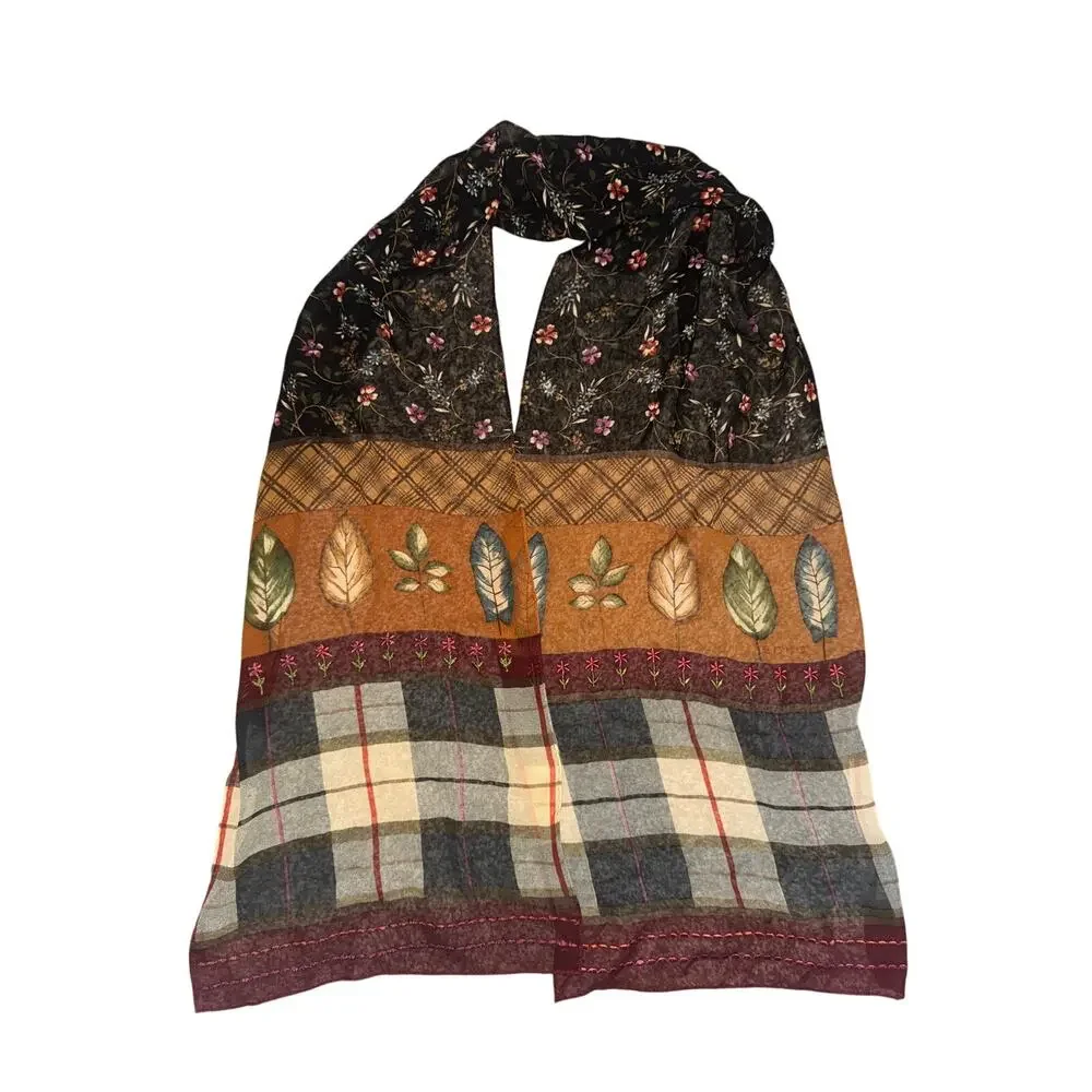 Vintage Echo Chiffon‎ Embroidered Scarf Flowers Plaid Leaves Autumn Fall
